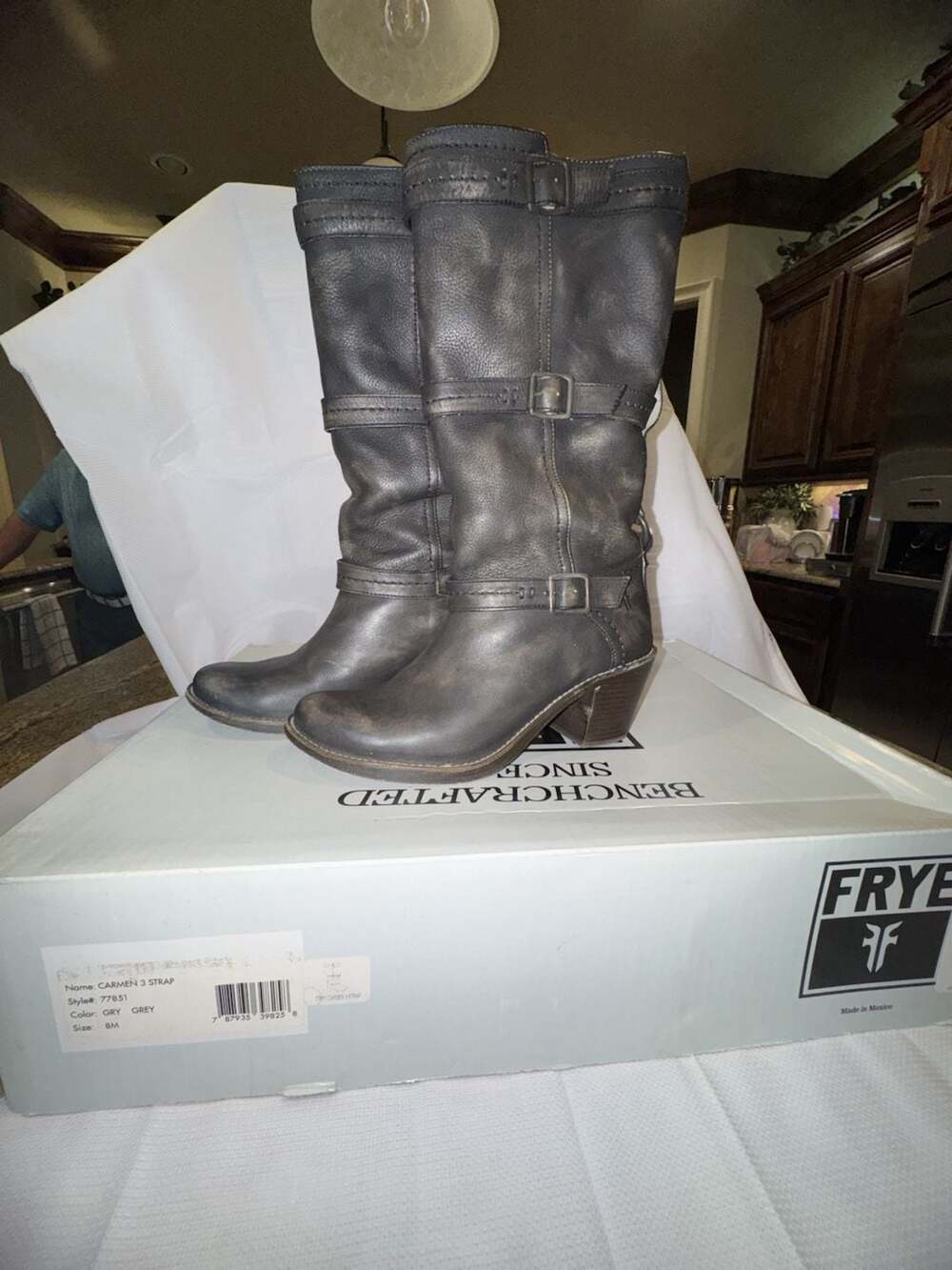 Frye Carmen 3 Strap Boots Size 8M Grey Distressed Leather